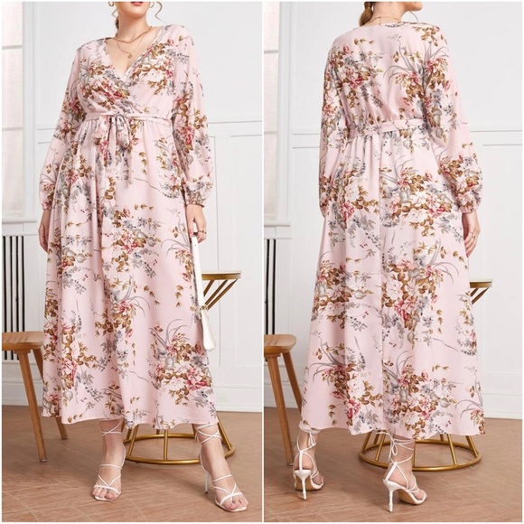 Plus Navy Blue  Floral Print Belted Maxi Dress - Picture 6 of 10